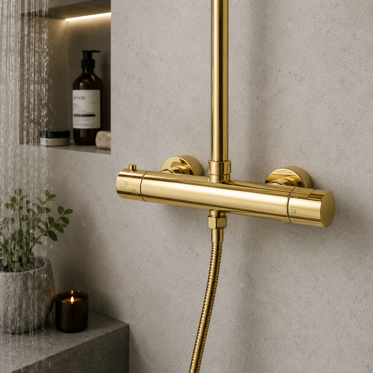 Colonne de douche dorée thermostatique