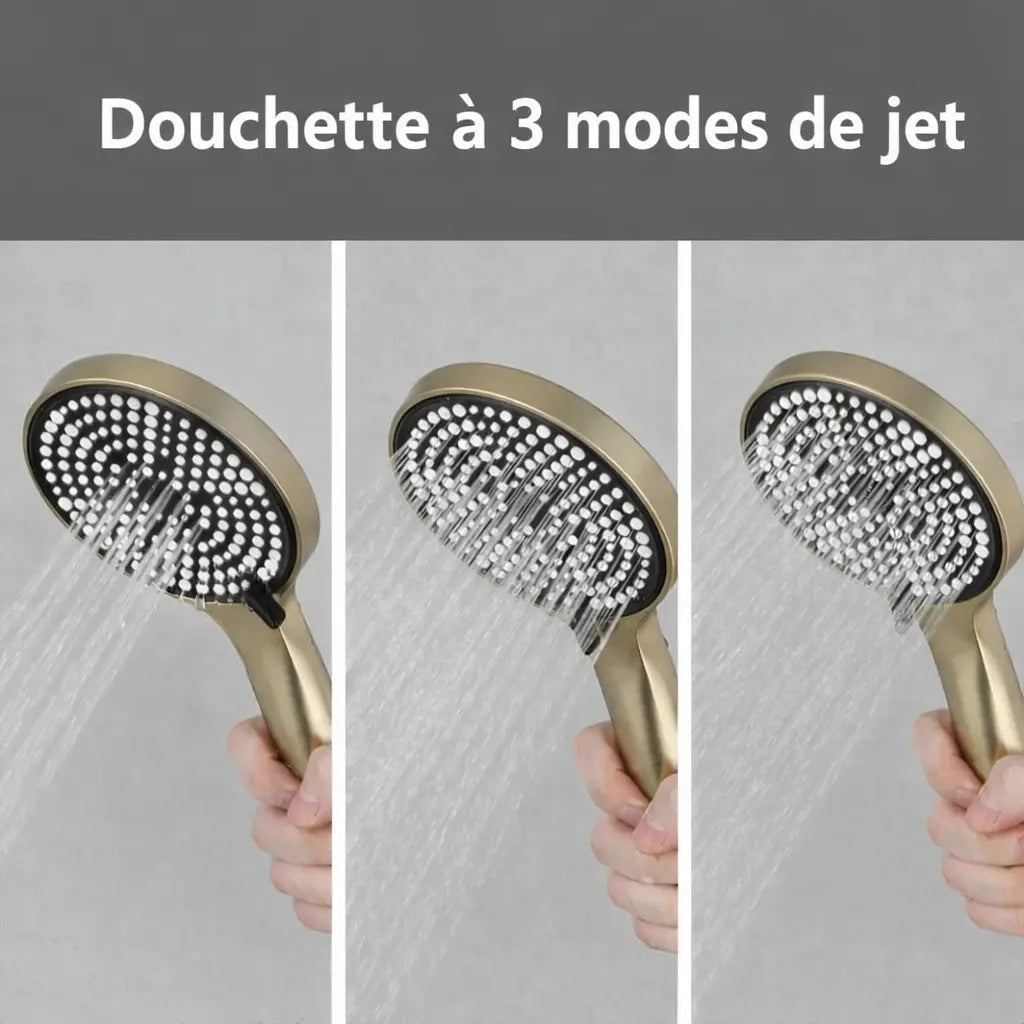 Colonne de douche thermostatique or brossé à deux poignées