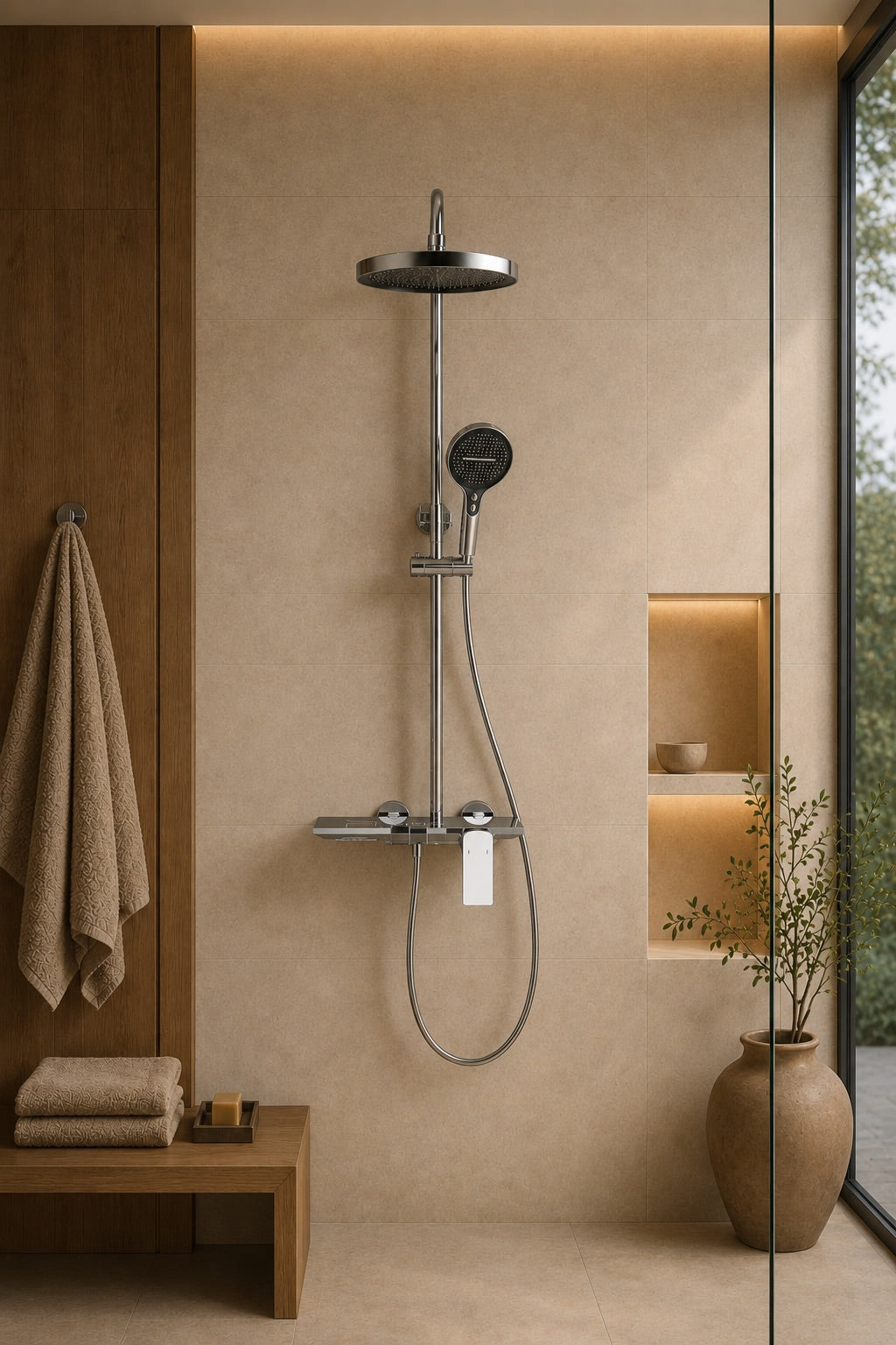 Colonne de douche à tablette chromée