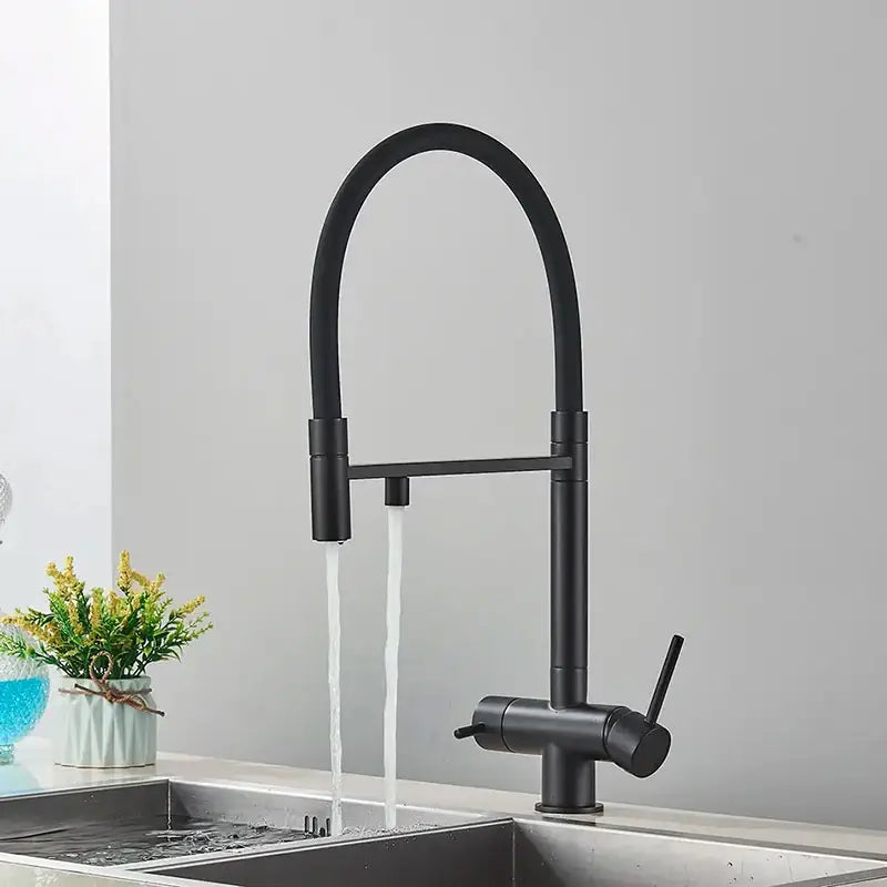 Robinet cuisine flexible noir double commande eau filtrée