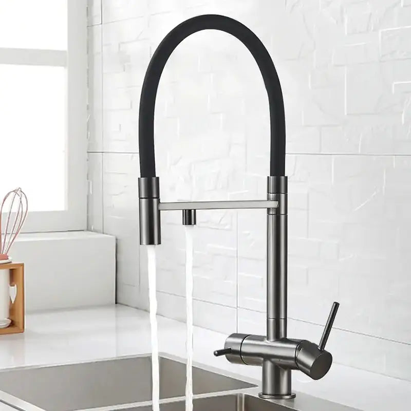 Robinet cuisine flexible noir double commande eau filtrée