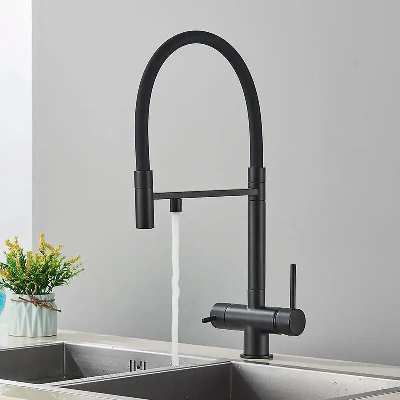 Robinet cuisine flexible noir double commande eau filtrée