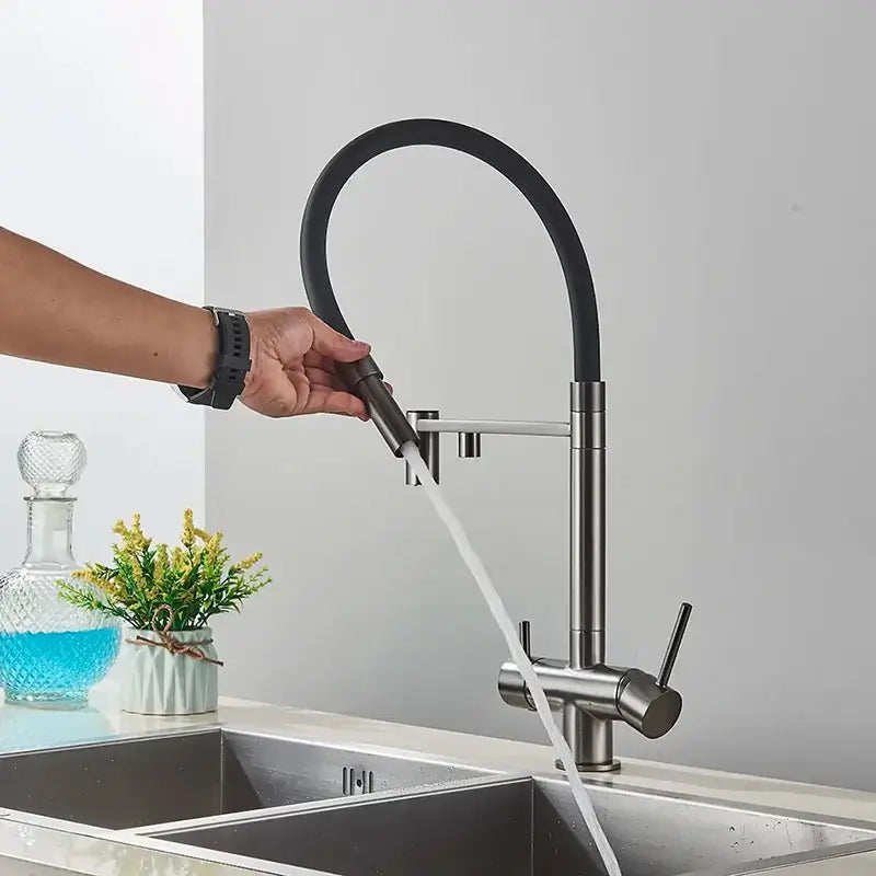 Robinet cuisine flexible noir double commande eau filtrée