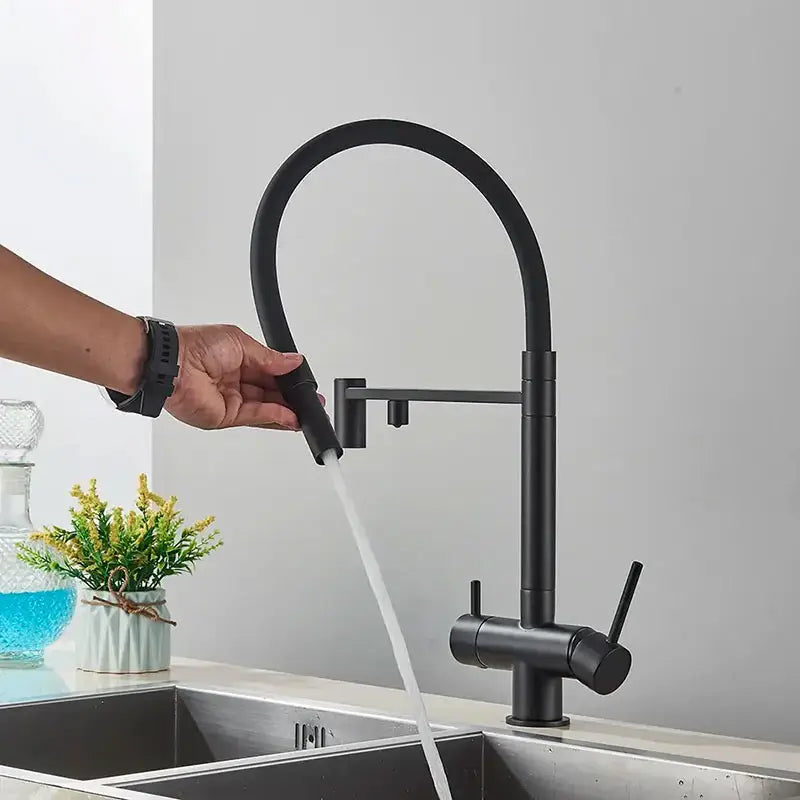 Robinet cuisine flexible noir double commande eau filtrée