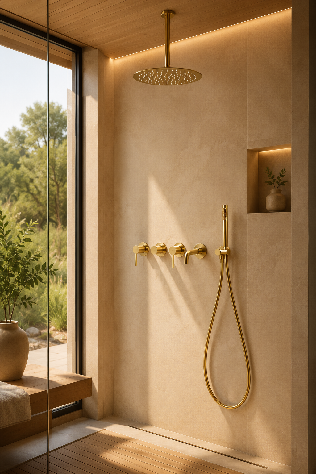 Colonne de douche dorée avec mitigeur