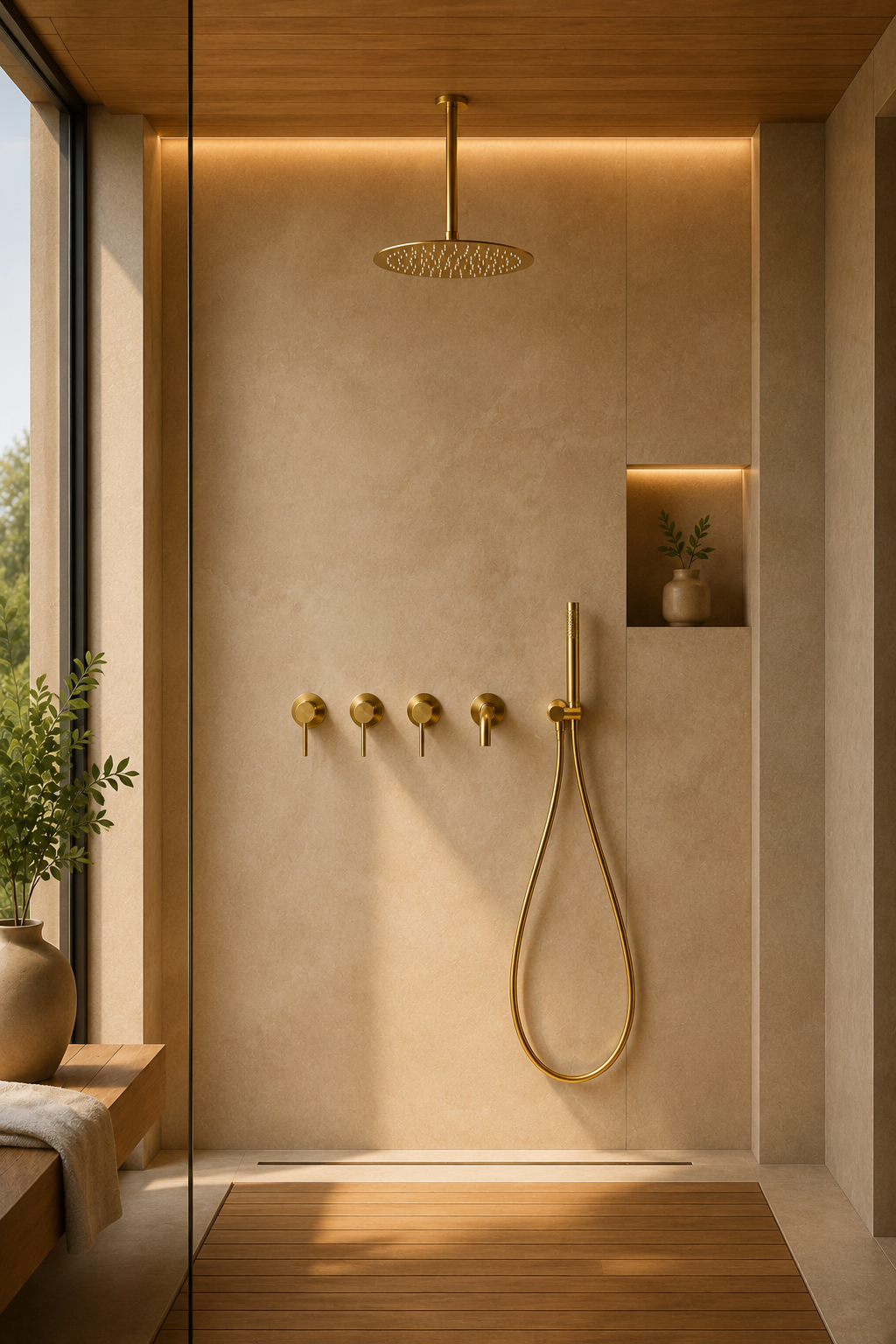 Colonne de douche dorée avec mitigeur