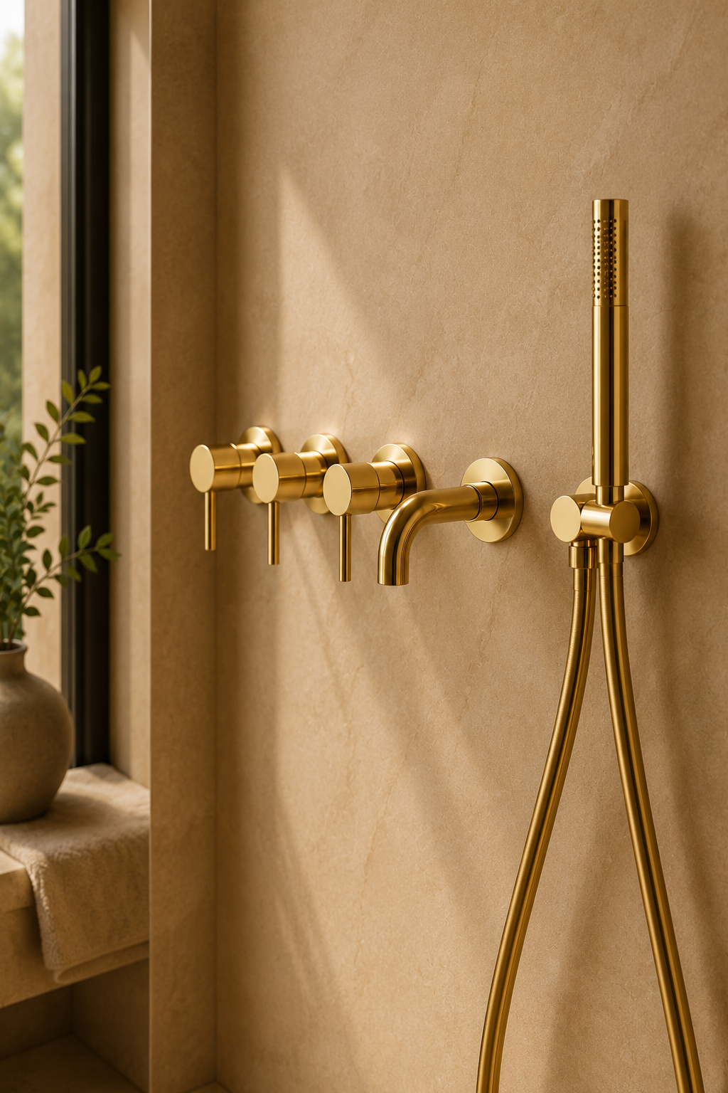 Colonne de douche dorée avec mitigeur