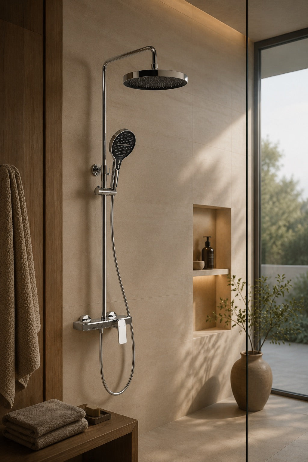 Colonne de douche à tablette chromée