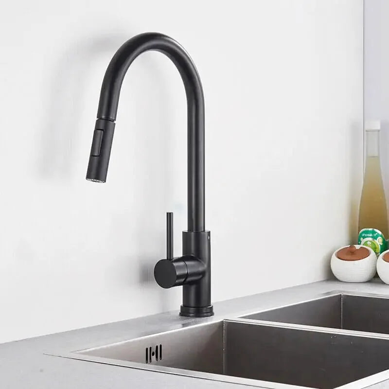 Robinet de cuisine noir mat base ronde à douchette extractible