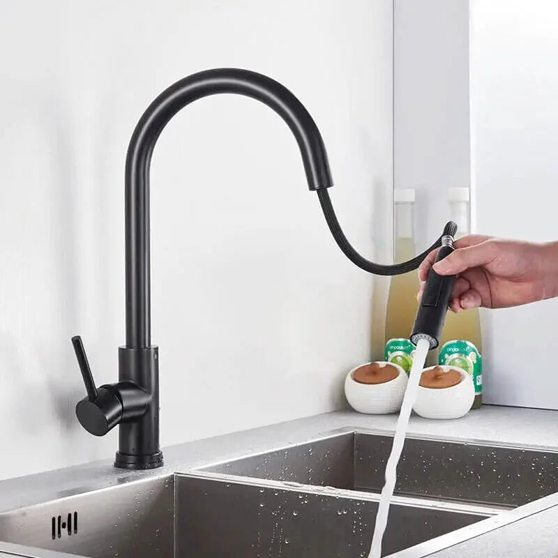 Robinet de cuisine noir mat base ronde à douchette extractible