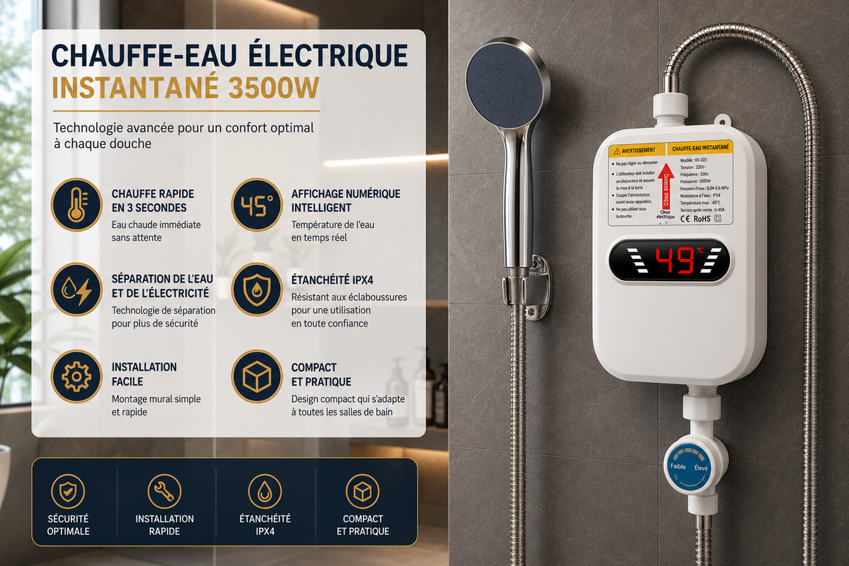 Chauffe-Eau Électrique Instantané 3500W avec Douche et Affichage Digital