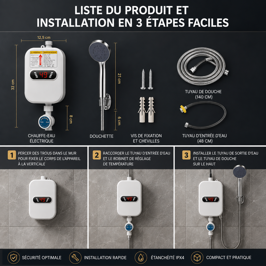 Chauffe-Eau Électrique Instantané 3500W avec Douche et Affichage Digital
