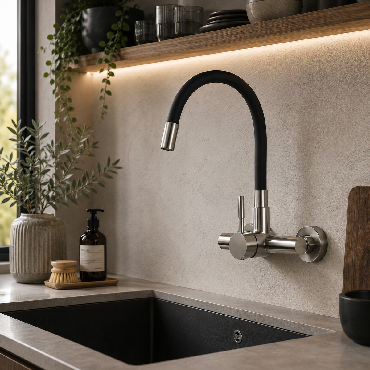 Robinet mural cuisine mitigeur col pliable 360°