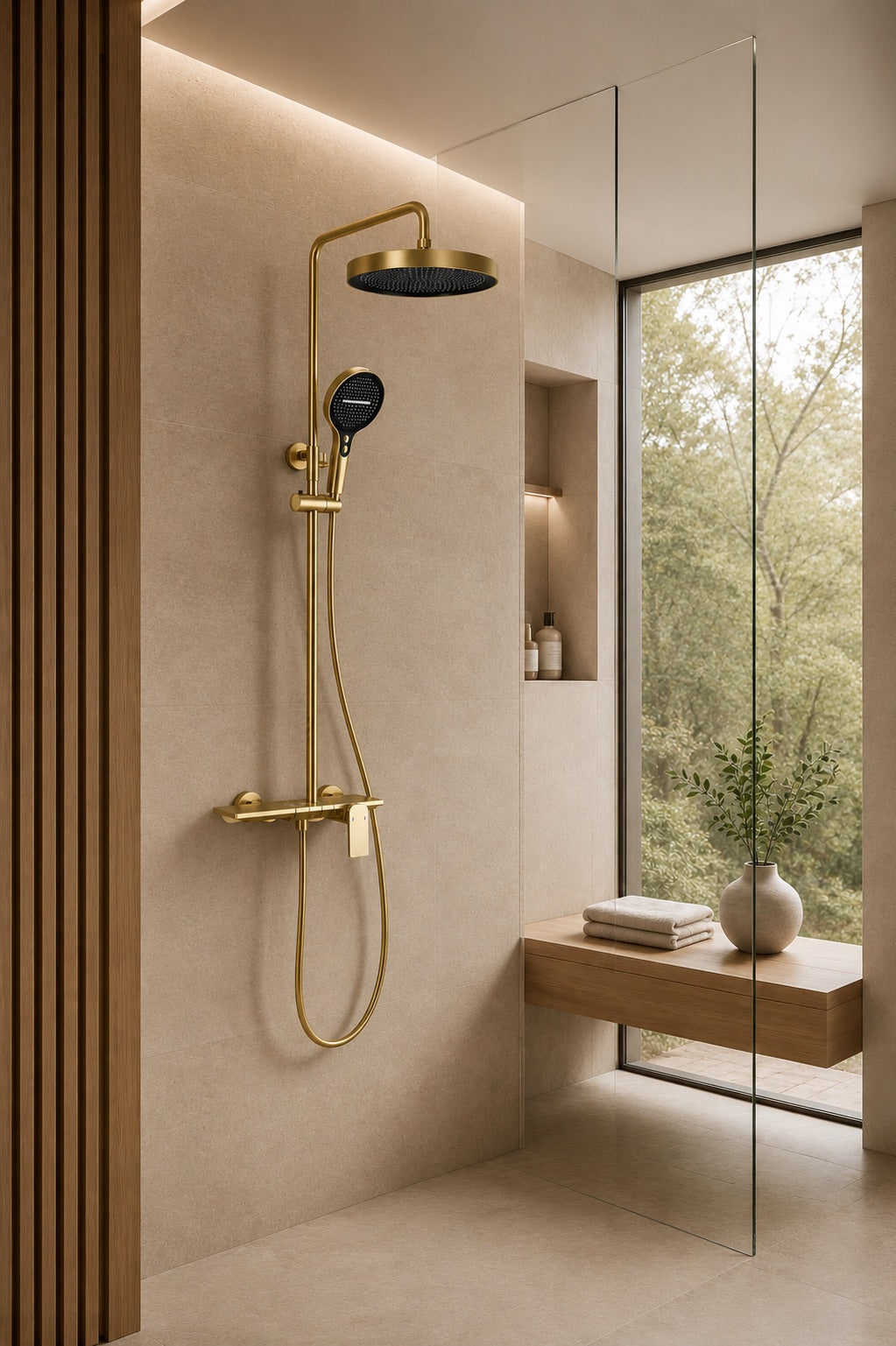 Colonne de douche à tablette or brossé