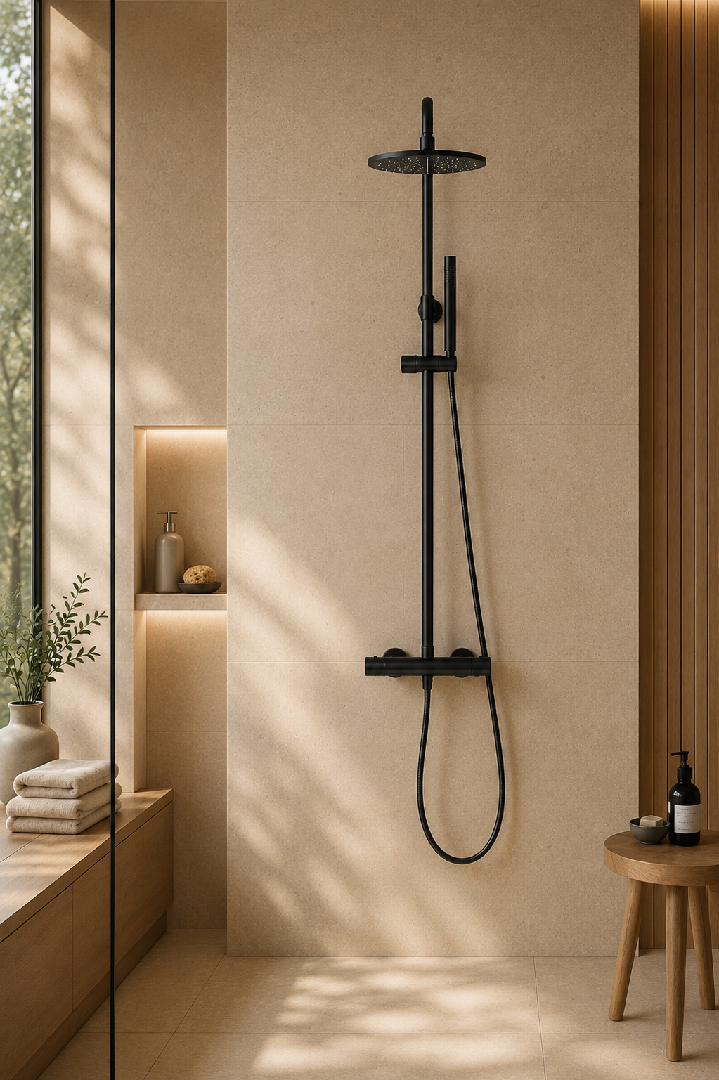 Colonne de douche thermostatique noire 20 cm col cintré