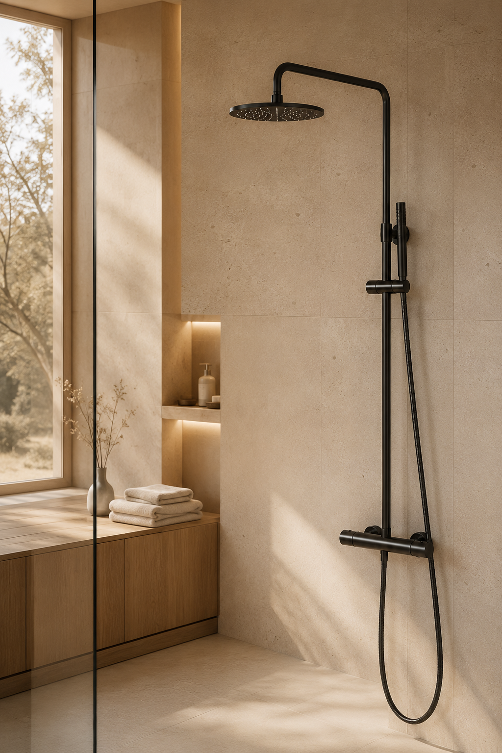 Colonne de douche thermostatique noire 20 cm col cintré
