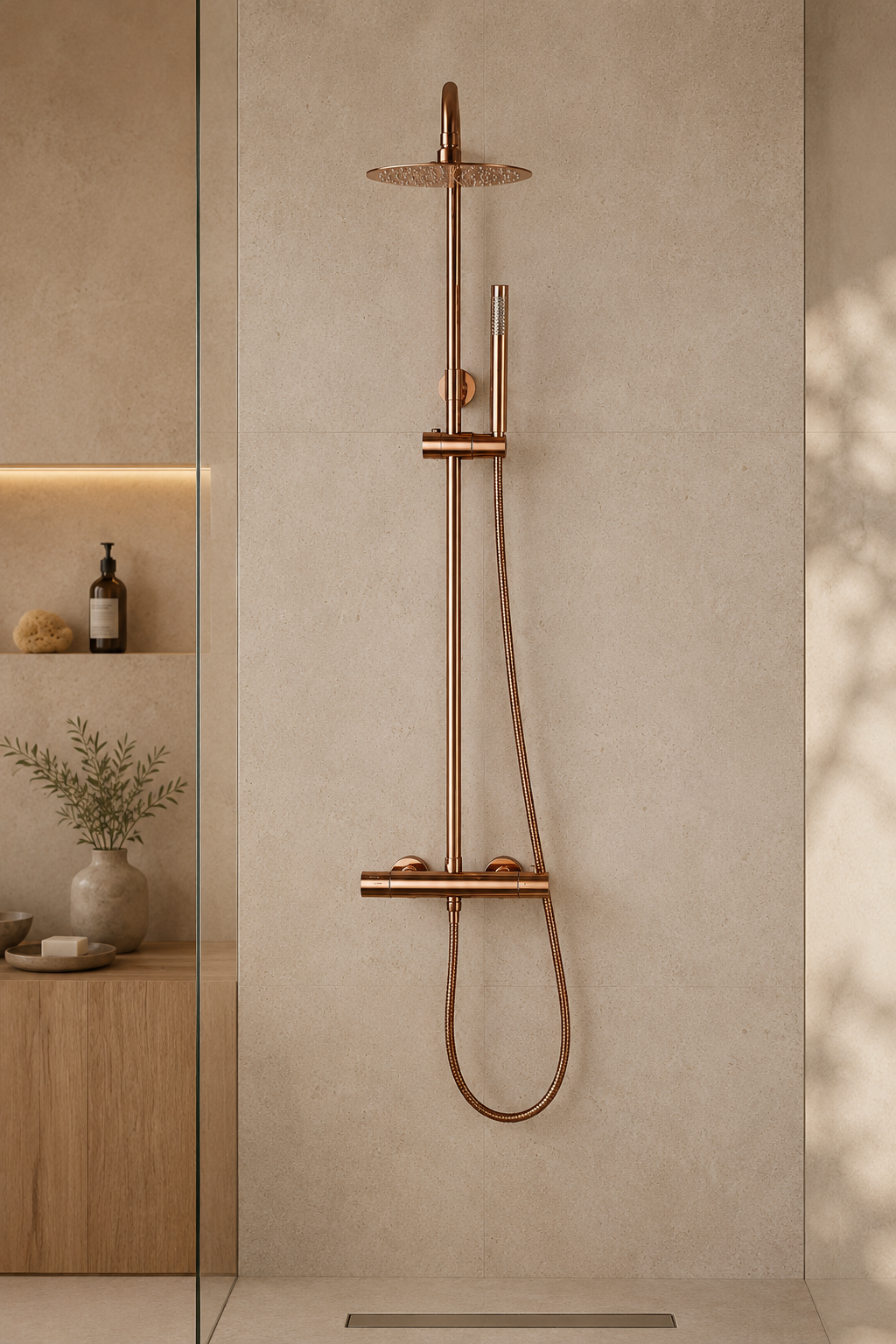 Colonne de douche thermostatique dorée bras droit avec commande