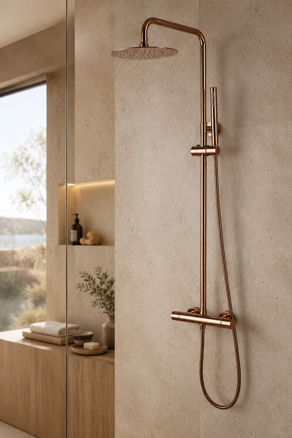 Colonne de douche thermostatique dorée bras droit avec commande