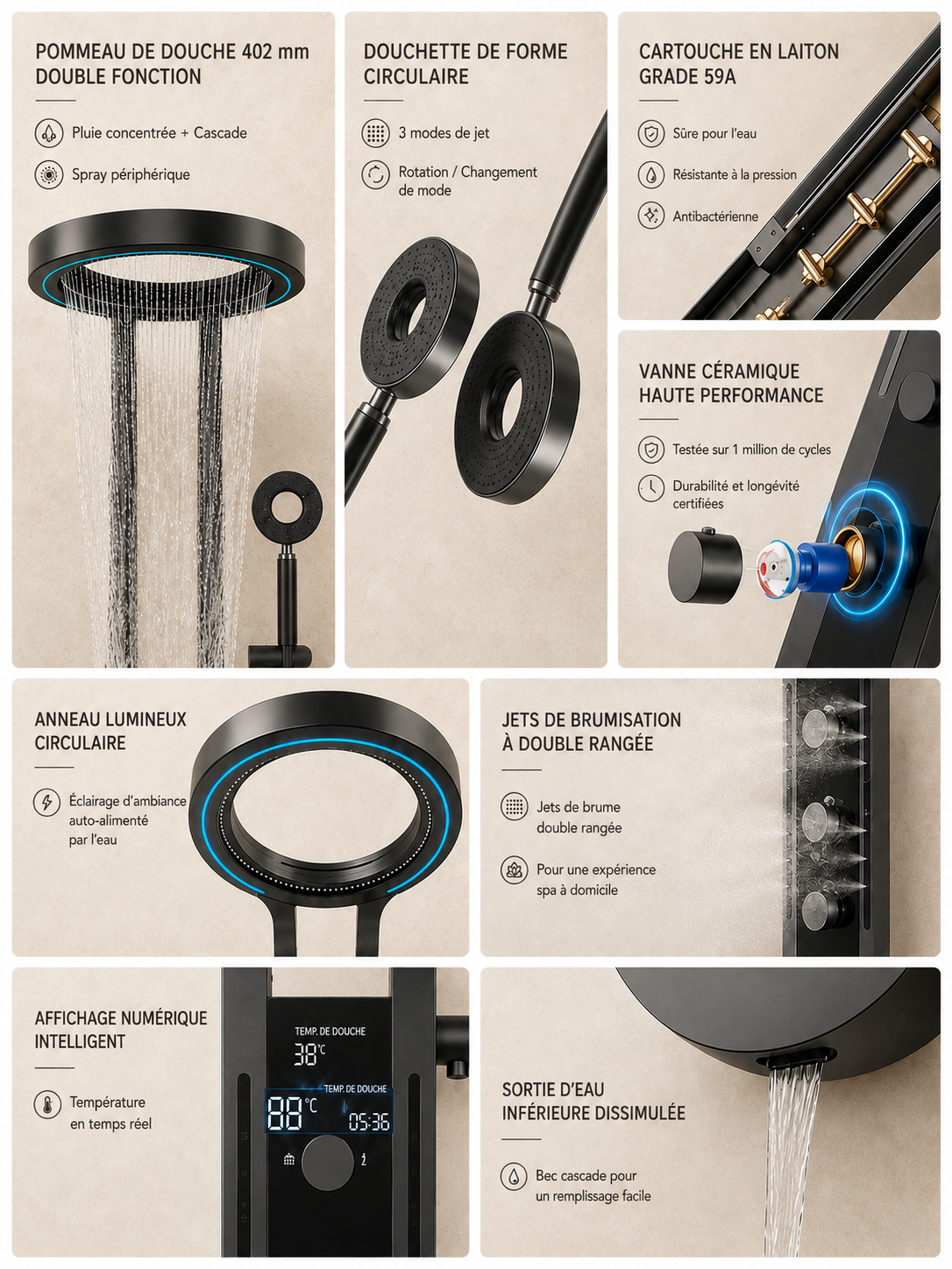 Panneau de douche hydromassant noir