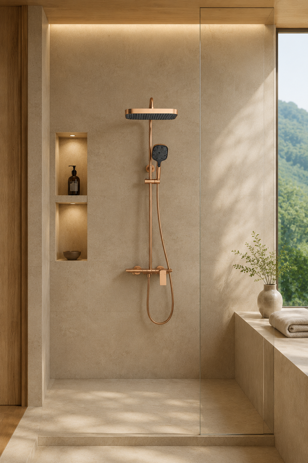 Colonne de douche à tablette or rose brossé