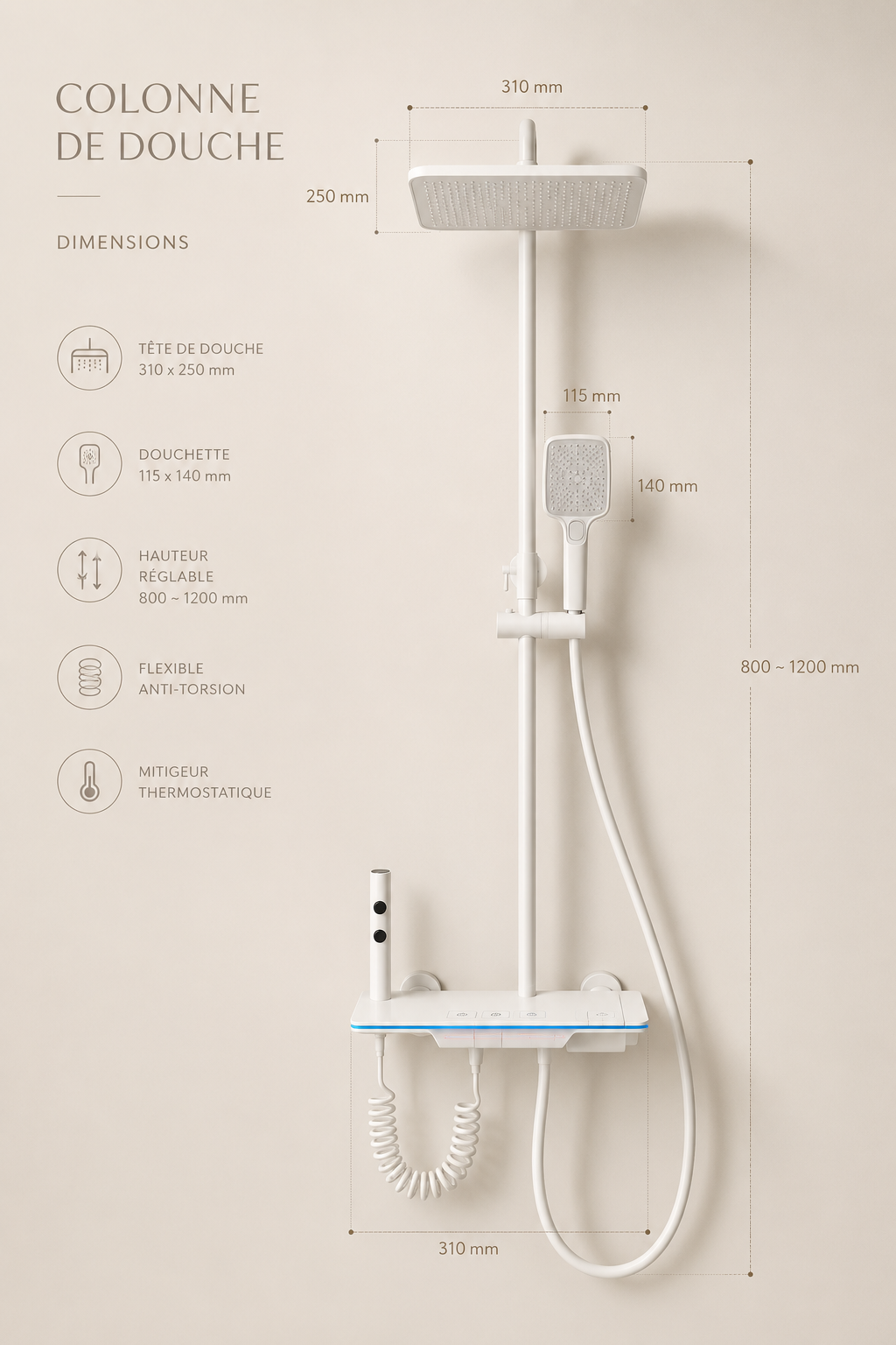 Colonne de douche thermostatique à écran LED blanche