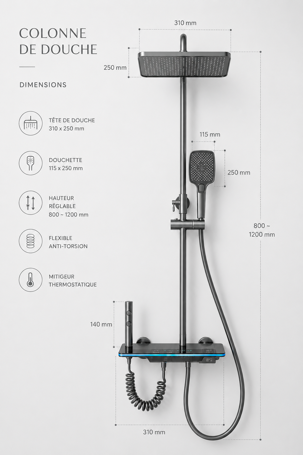 Colonne de douche thermostatique à écran LED grise