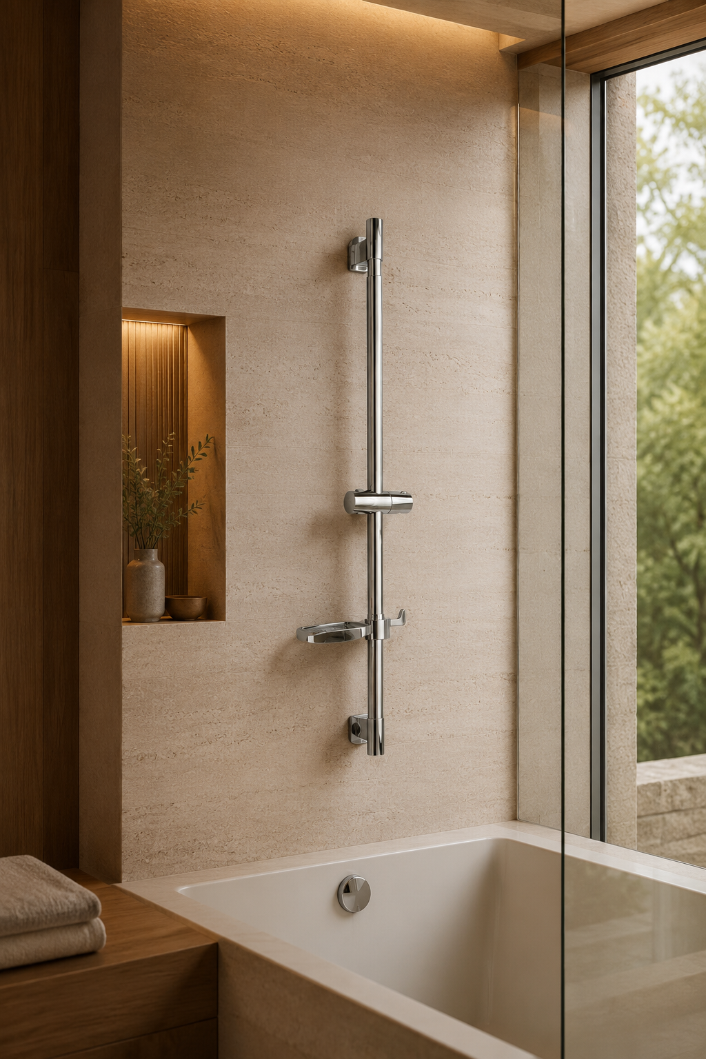Barre de douche coulissante chrome à tablette ronde
