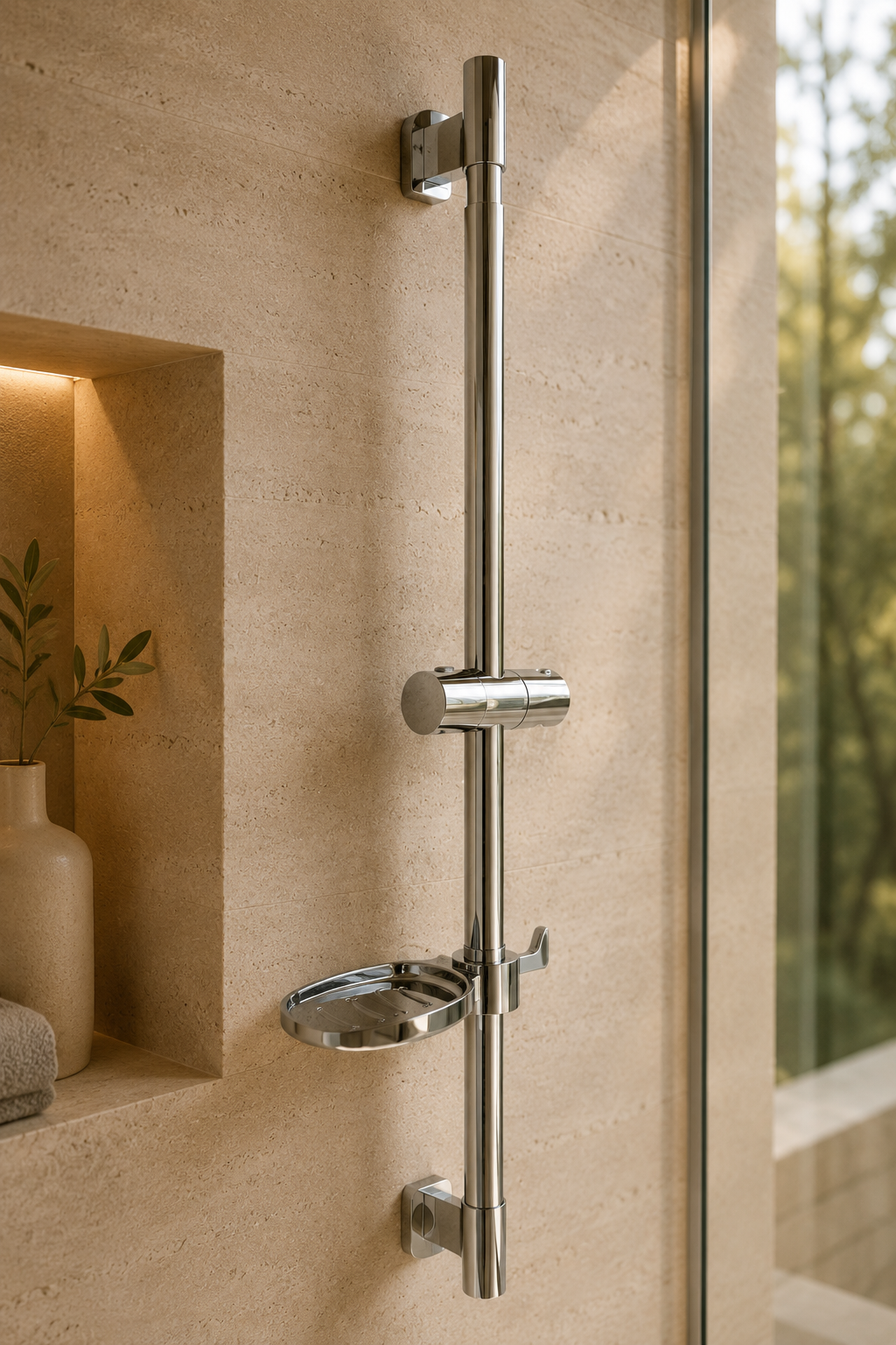 Barre de douche coulissante chrome à tablette ronde