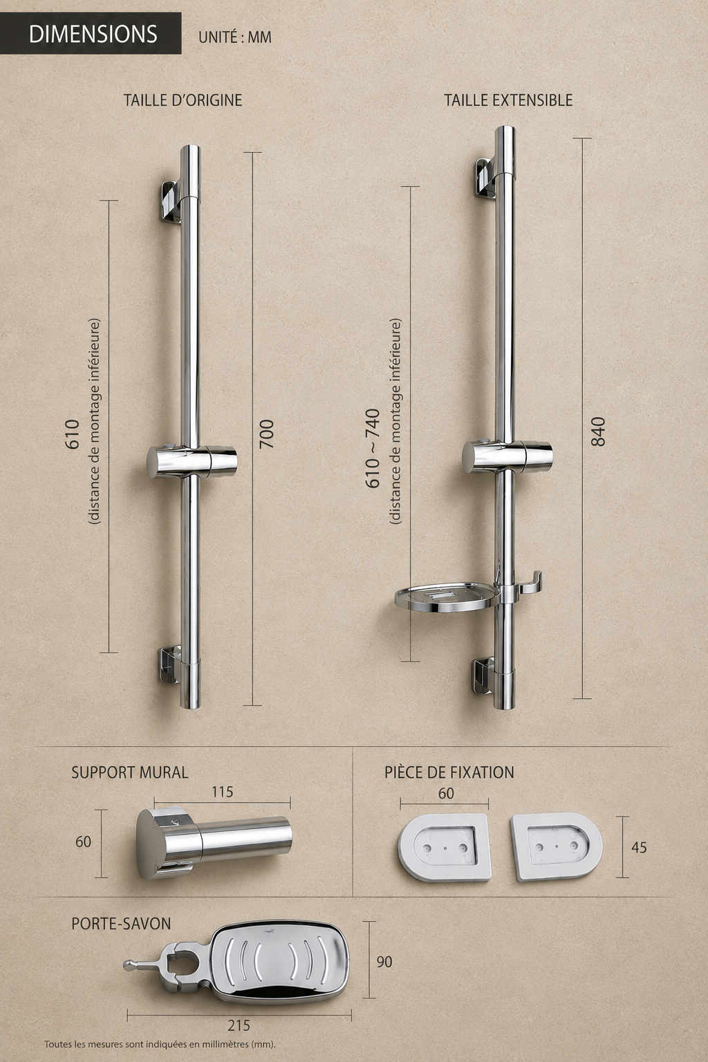 Barre de douche coulissante chrome à tablette ronde