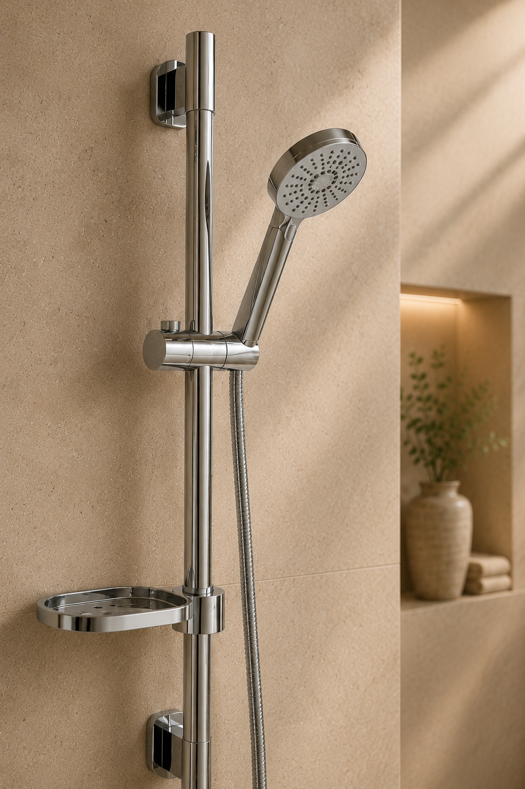 Colonne de douche coulissante chrome à tablette ronde