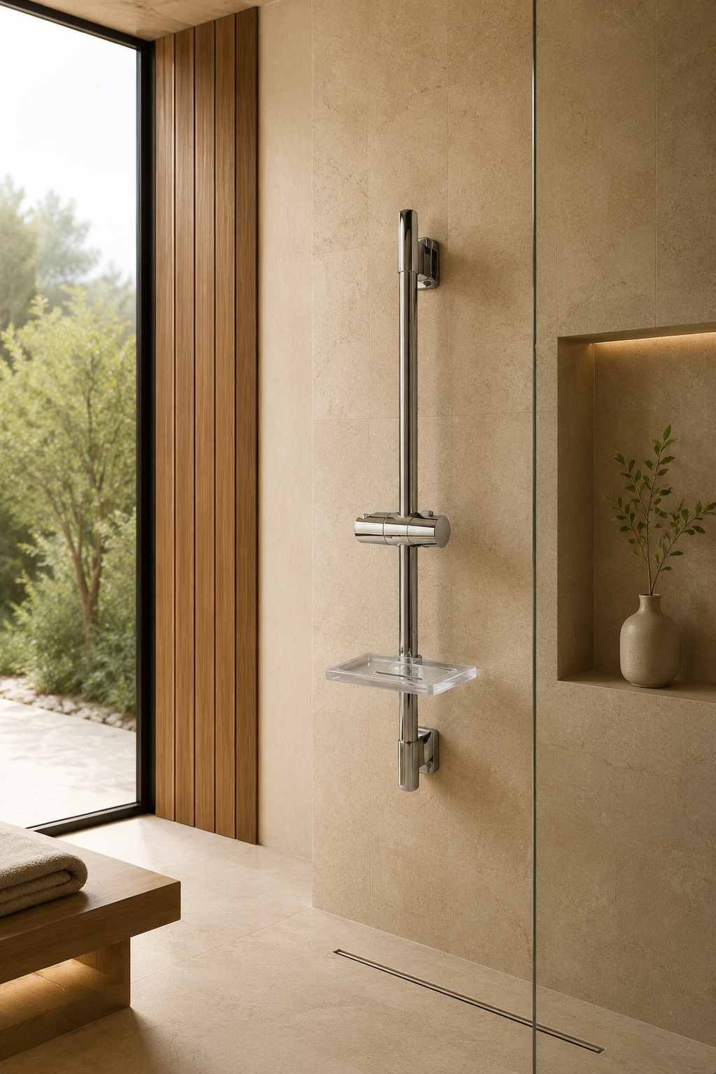 Barre de douche coulissante chrome à tablette rectangulaire