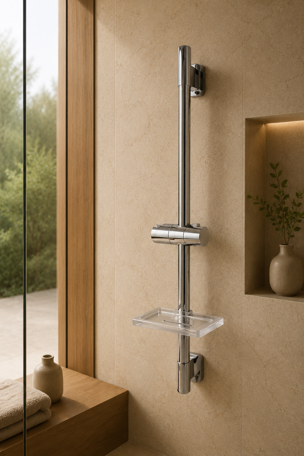 Barre de douche coulissante chrome à tablette rectangulaire