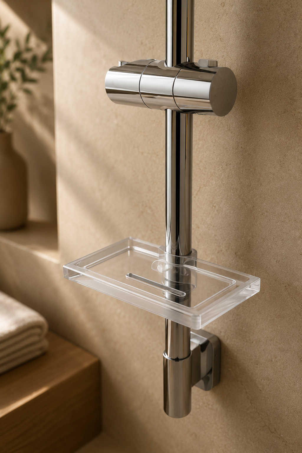 Barre de douche coulissante chrome à tablette rectangulaire