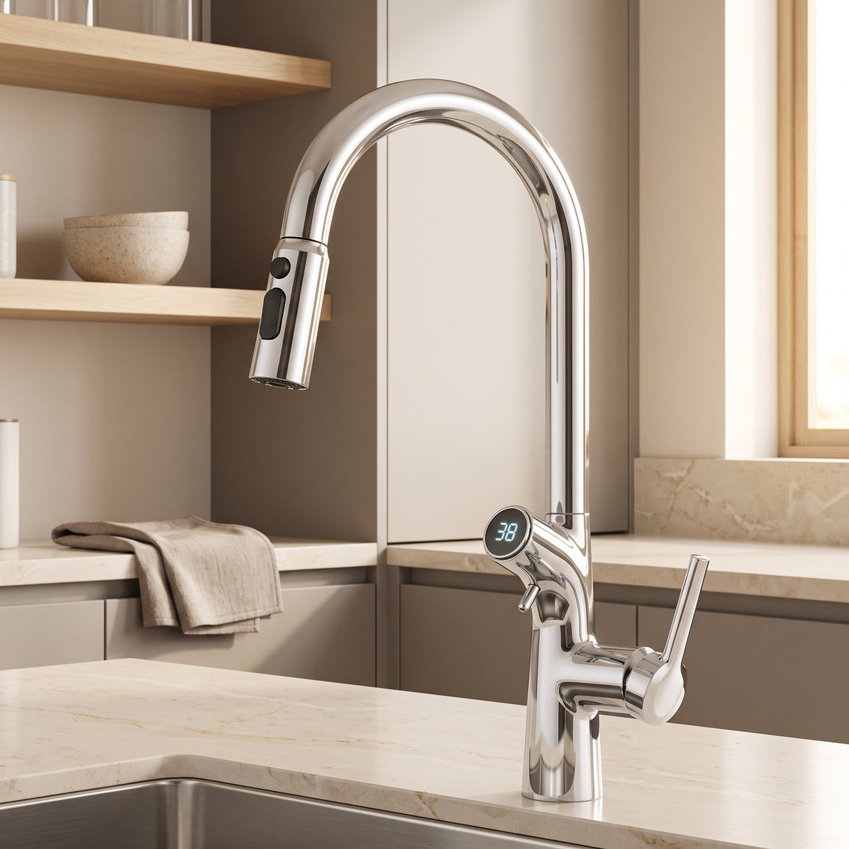 Robinet de cuisine or brossé avec écran digital de température