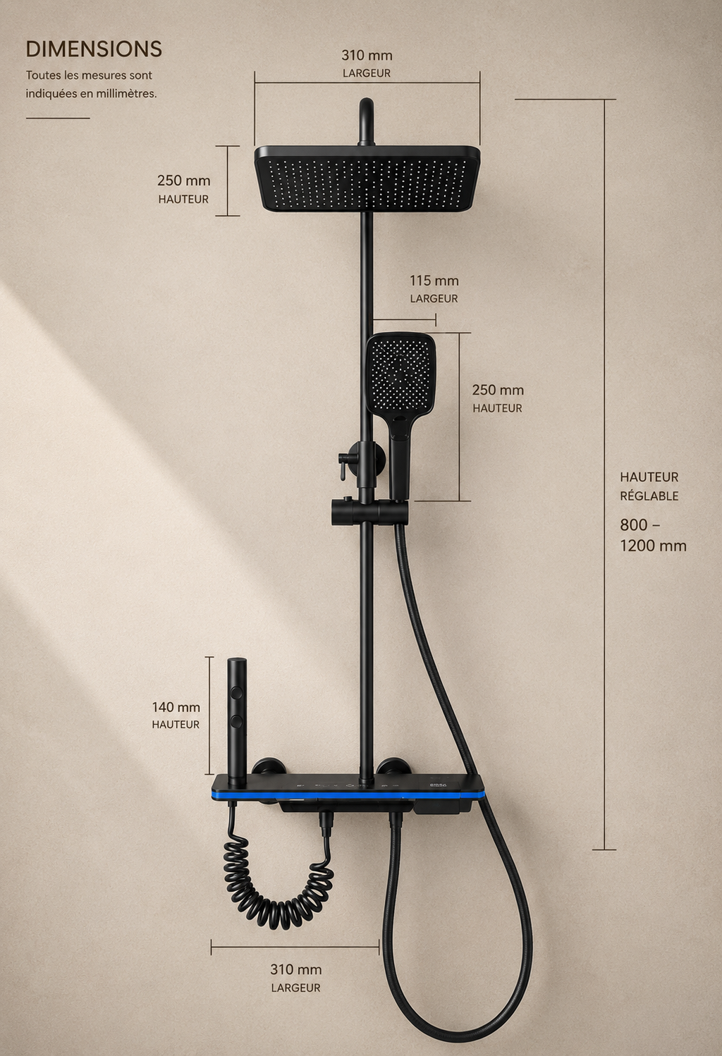 Colonne de douche thermostatique noire tête carrée avec panneau digital