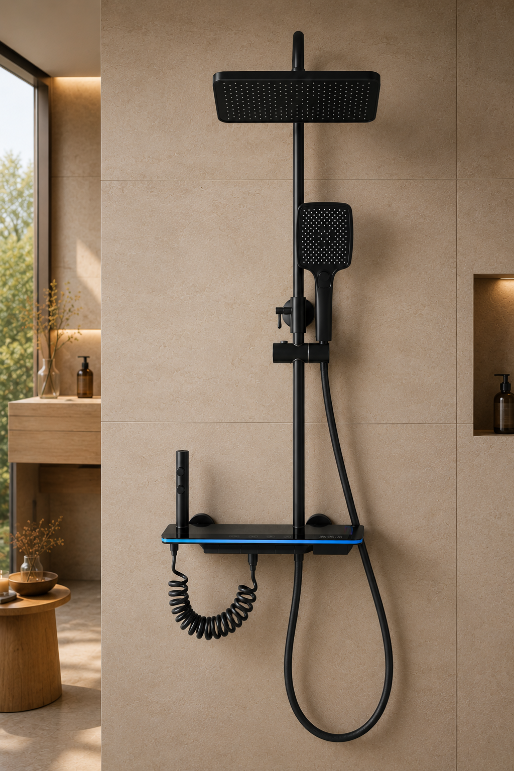 Colonne de douche thermostatique noire tête carrée avec panneau digital