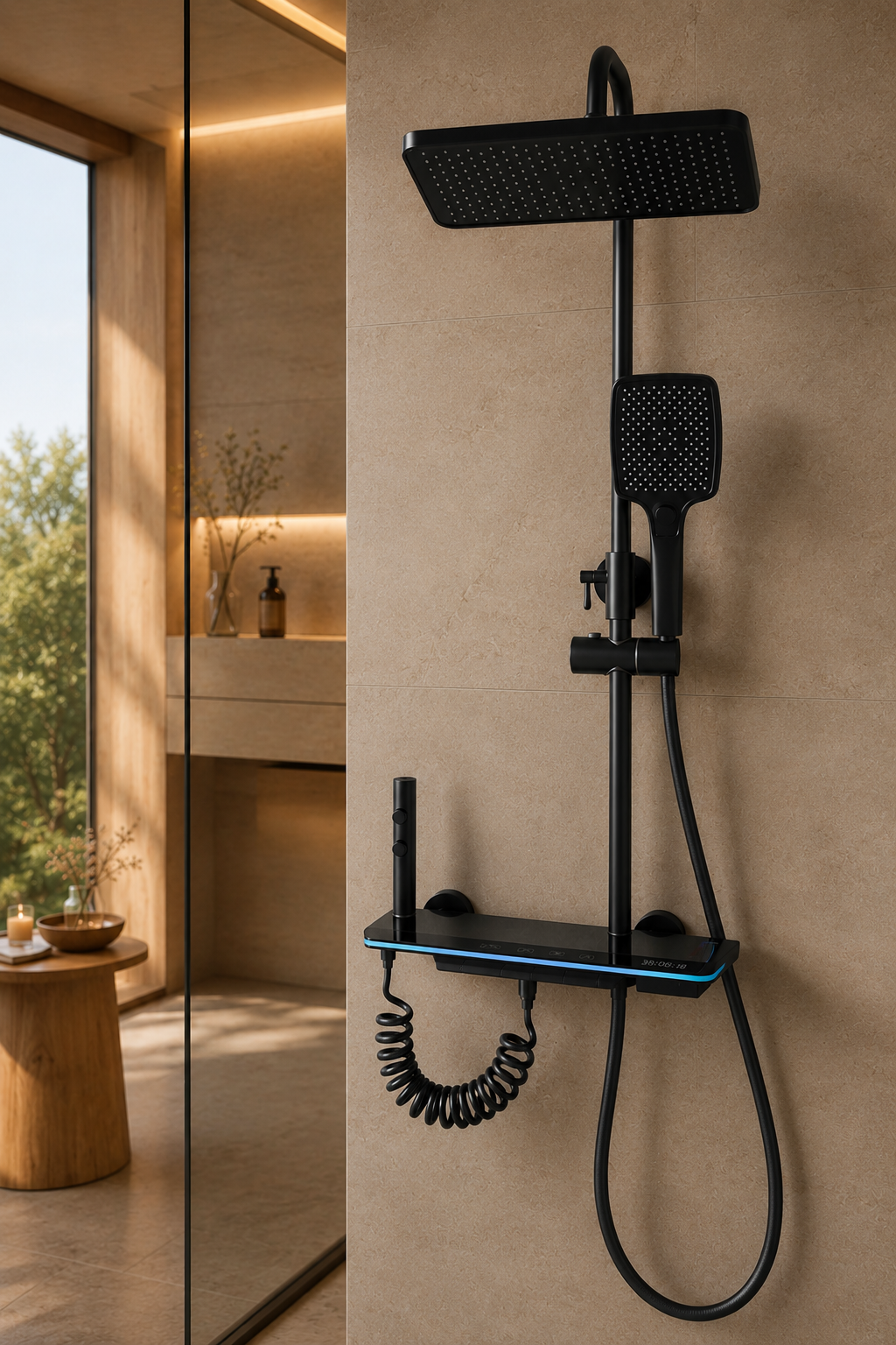 Colonne de douche thermostatique noire tête carrée avec panneau digital