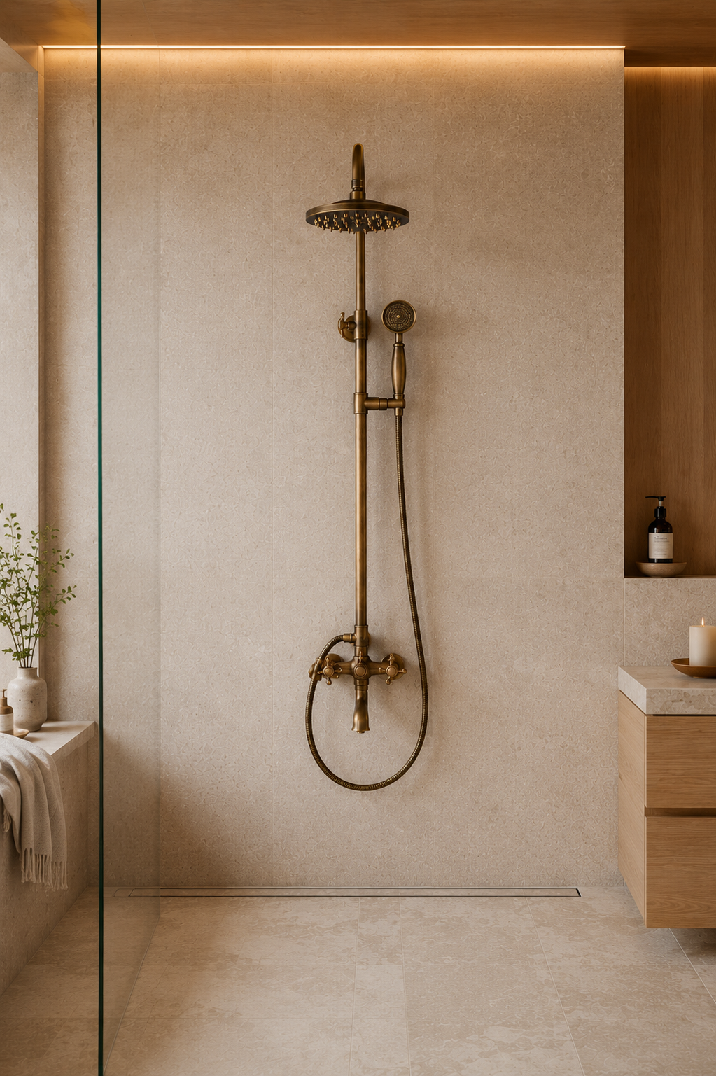 Colonne de douche-baignoire rétro en laiton à pommeau rond