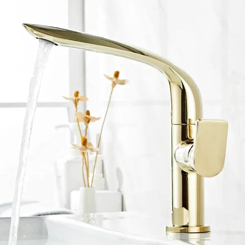 Robinet salle de bain or brillant col courbé