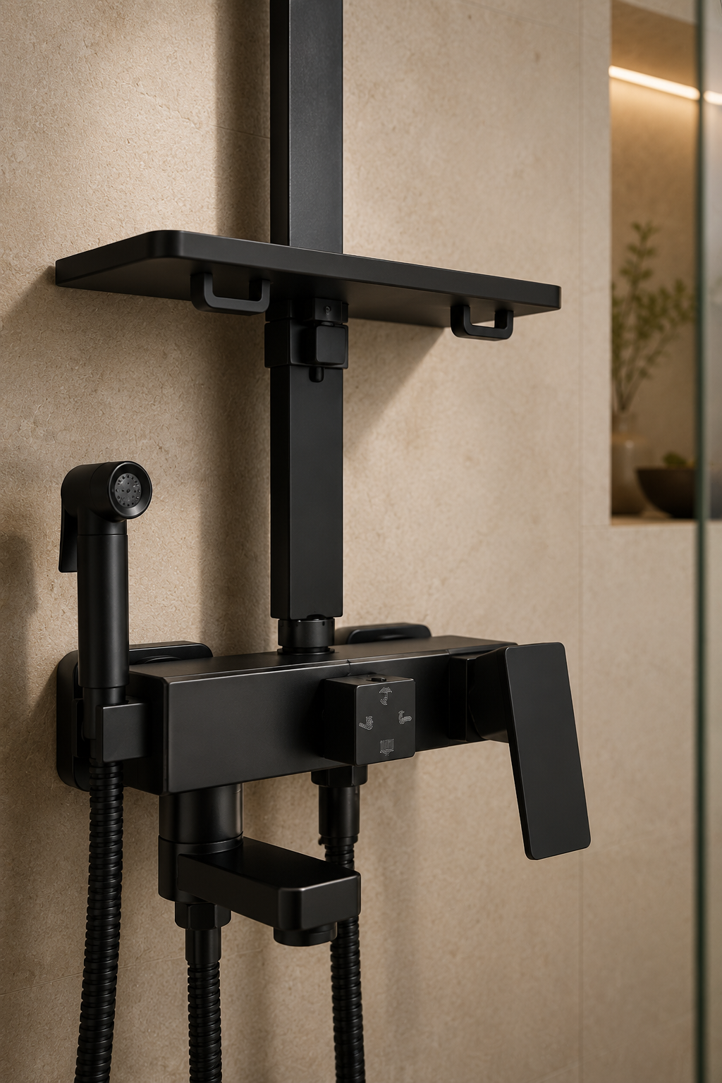 Colonne de douche avec mitigeur et douchette hygiénique noir mat 25 cm
