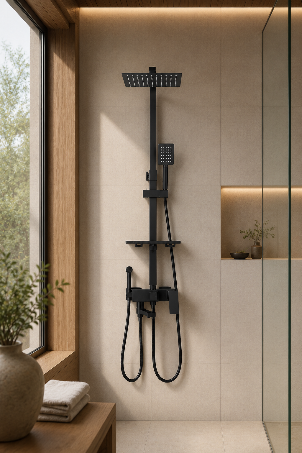 Colonne de douche avec mitigeur et douchette hygiénique noir mat 25 cm
