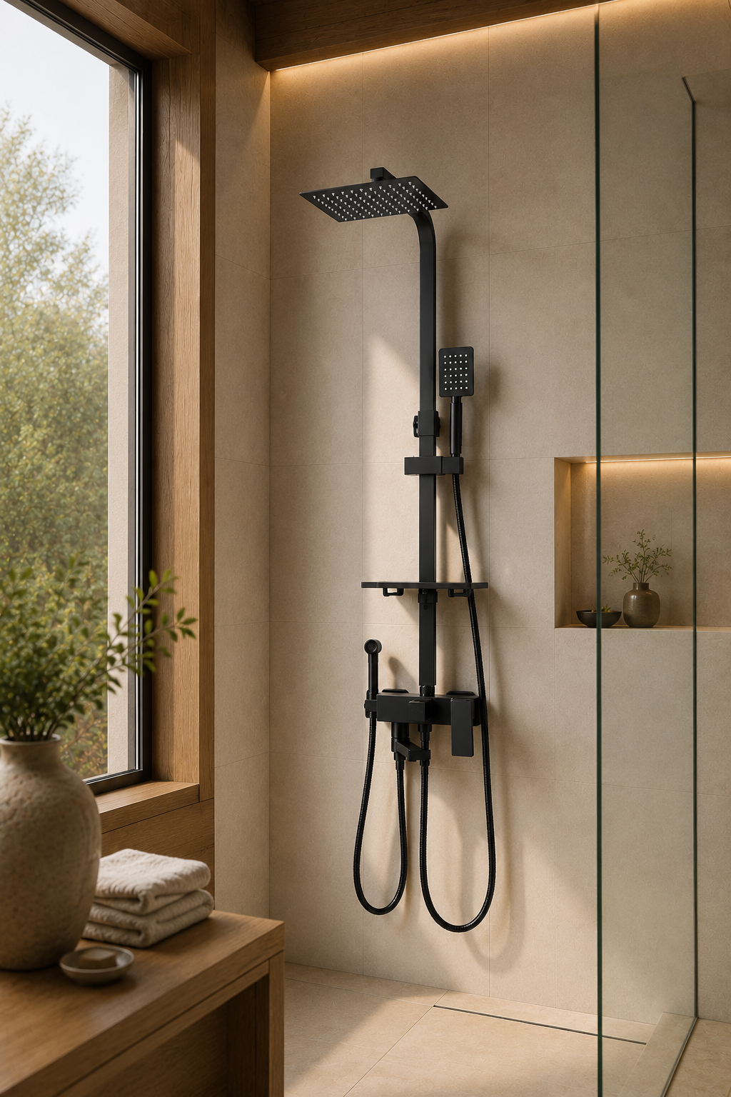 Colonne de douche avec mitigeur et douchette hygiénique noir mat 25 cm