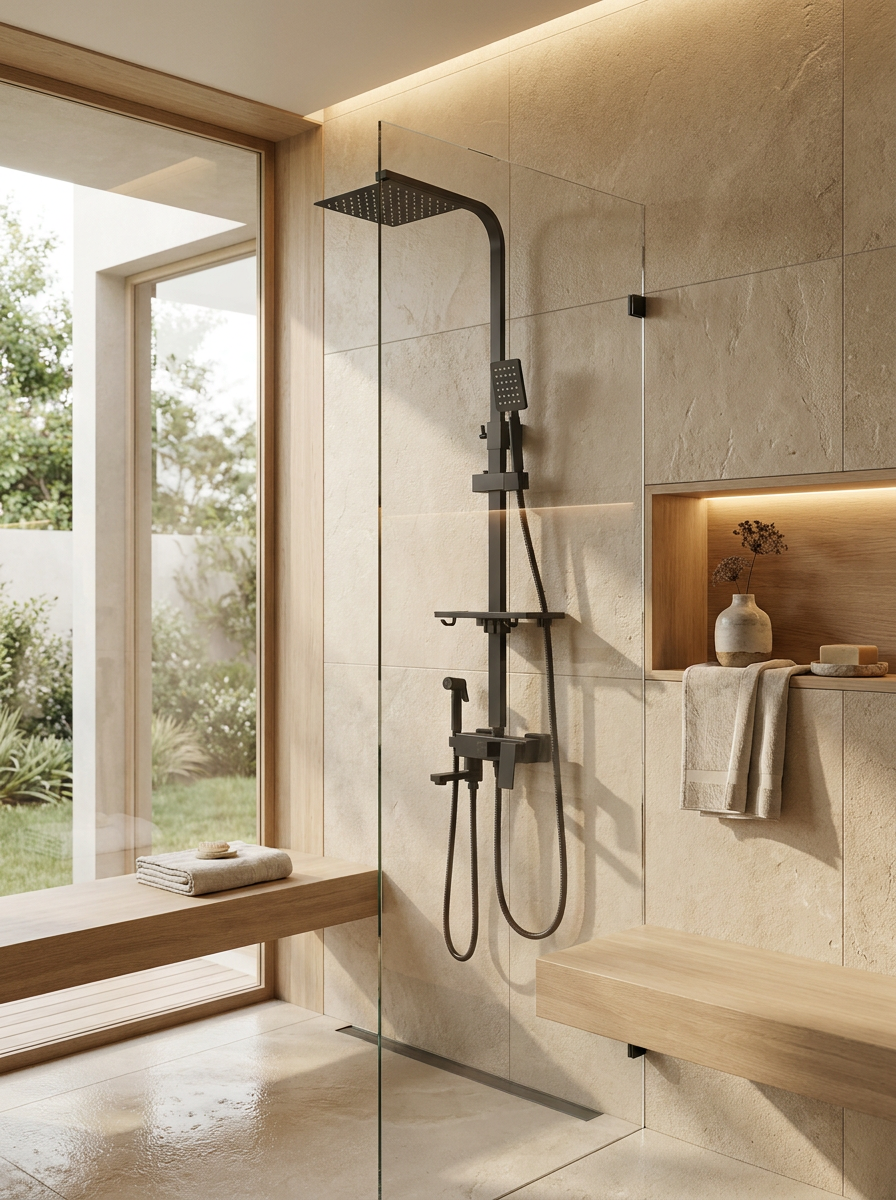 Colonne de douche avec mitigeur et douchette hygiénique noir mat 25 cm