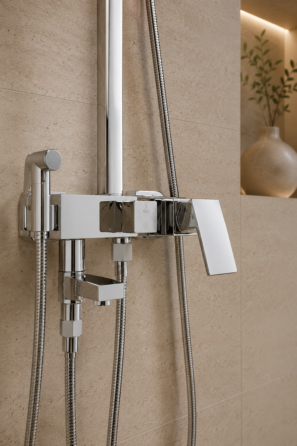 Colonne de douche avec mitigeur et douchette hygiénique chrome