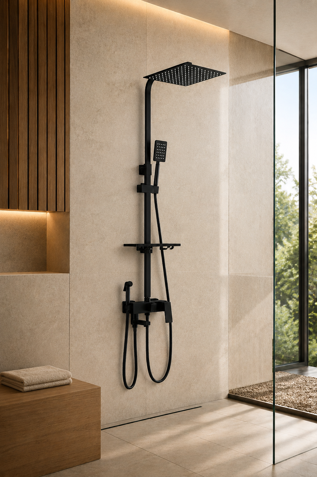 Colonne de douche avec mitigeur et douchette hygiénique noir mat 30 cm