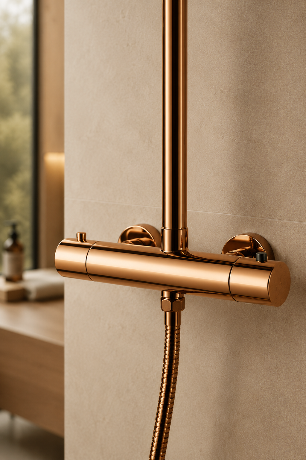 Colonne de douche thermostatique dorée col cintré support coulissant