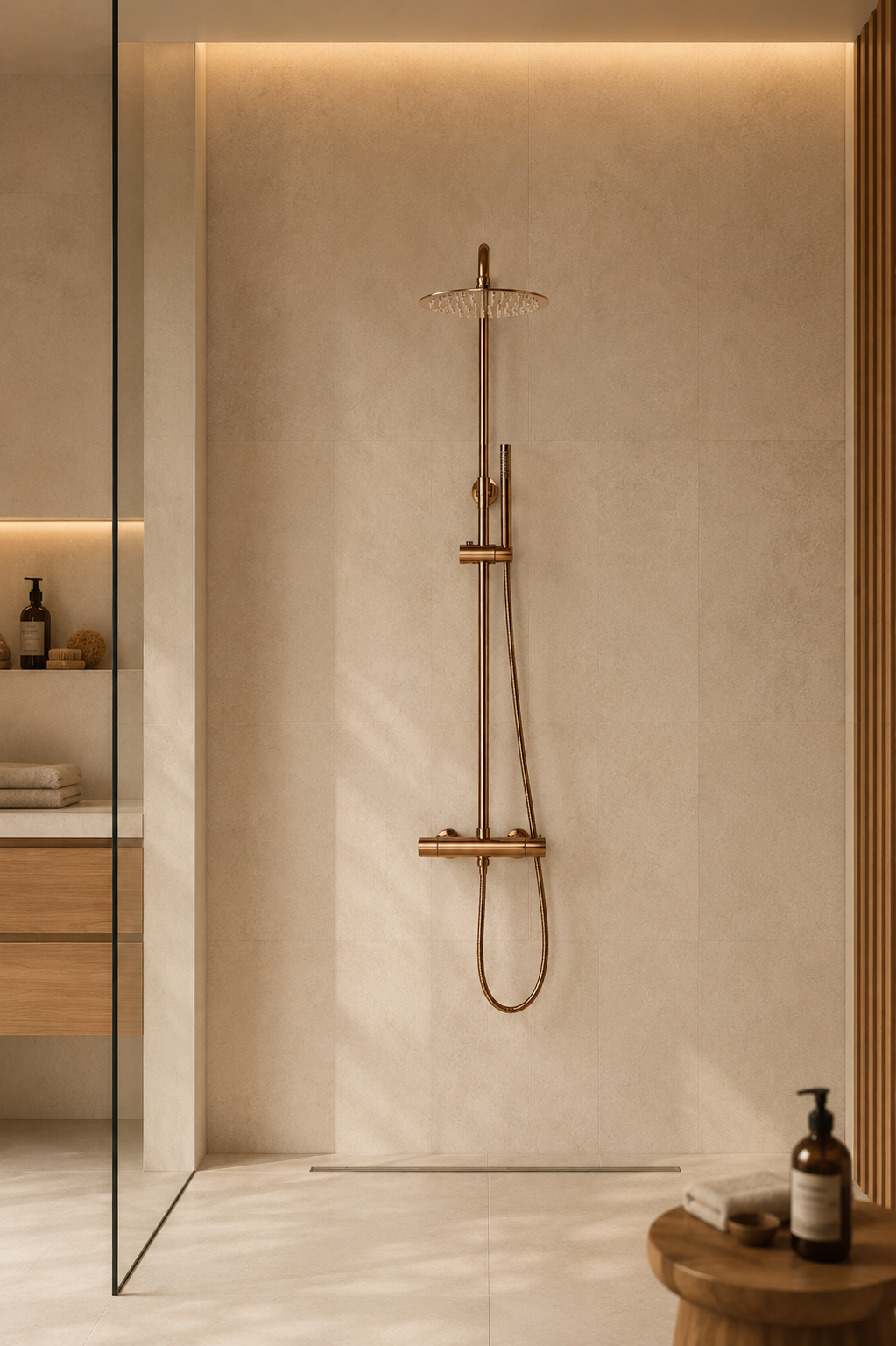 Colonne de douche thermostatique dorée col cintré support coulissant