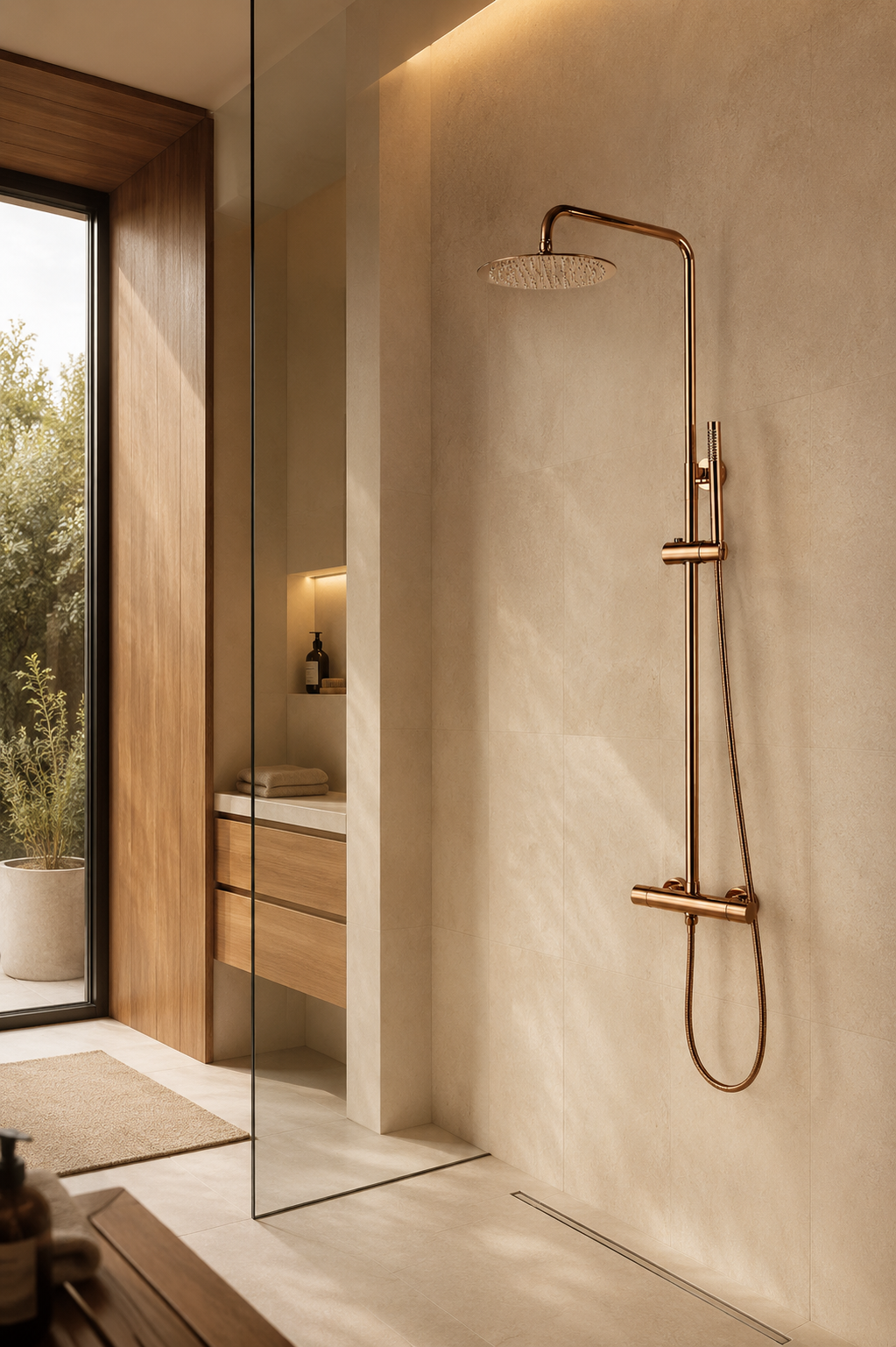 Colonne de douche thermostatique dorée col cintré support coulissant