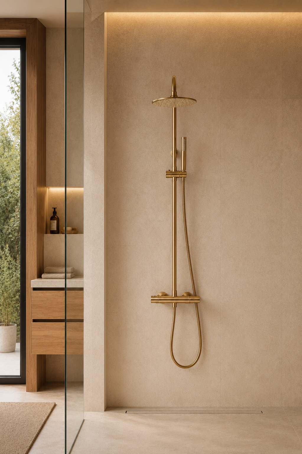Colonne de douche thermostatique or brossé avec repères