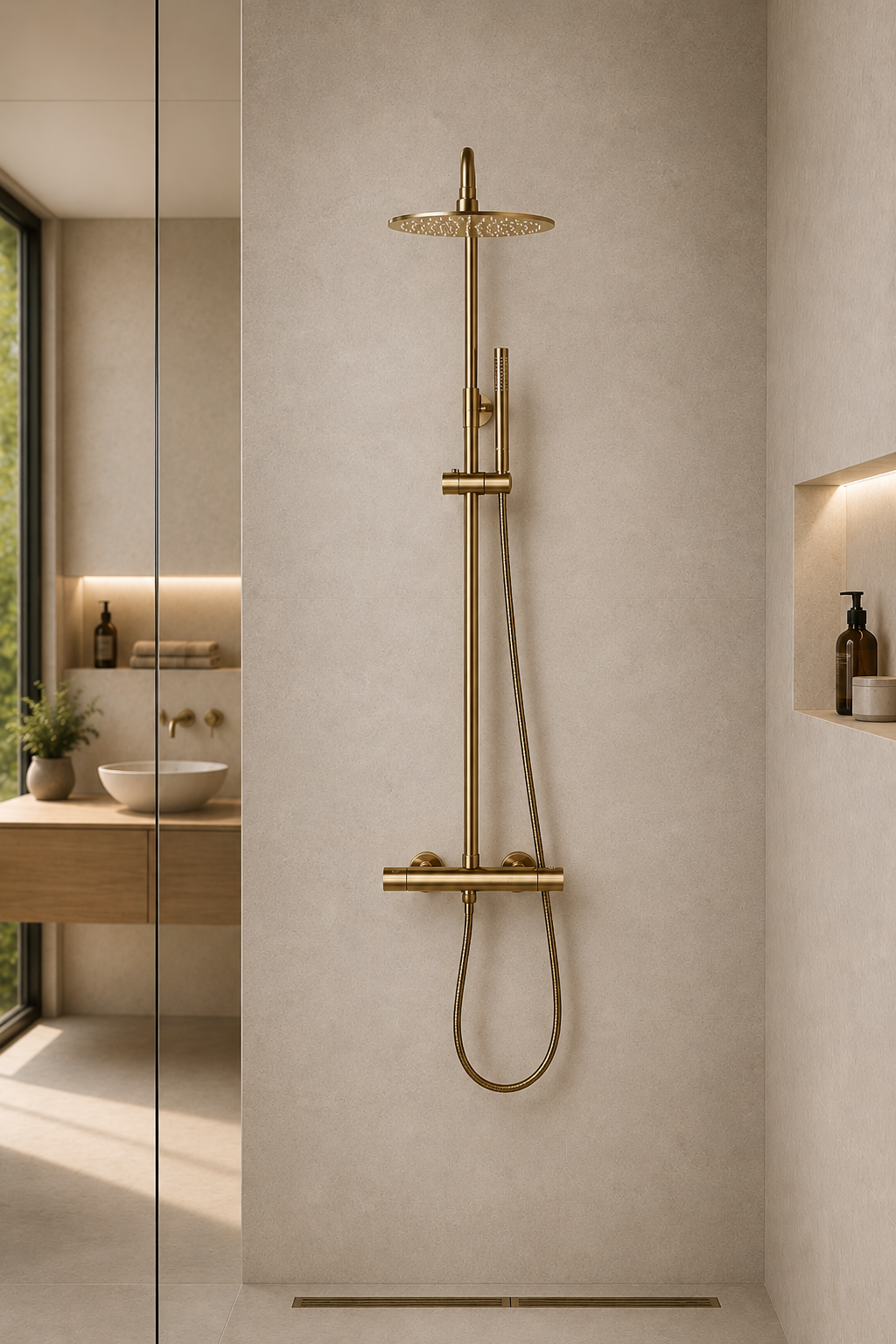 Colonne de douche thermostatique or brossé col cintré support coulissant